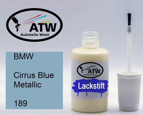 BMW, Cirrus Blue Metallic, 189: 20ml Lackstift, von ATW Autoteile West.